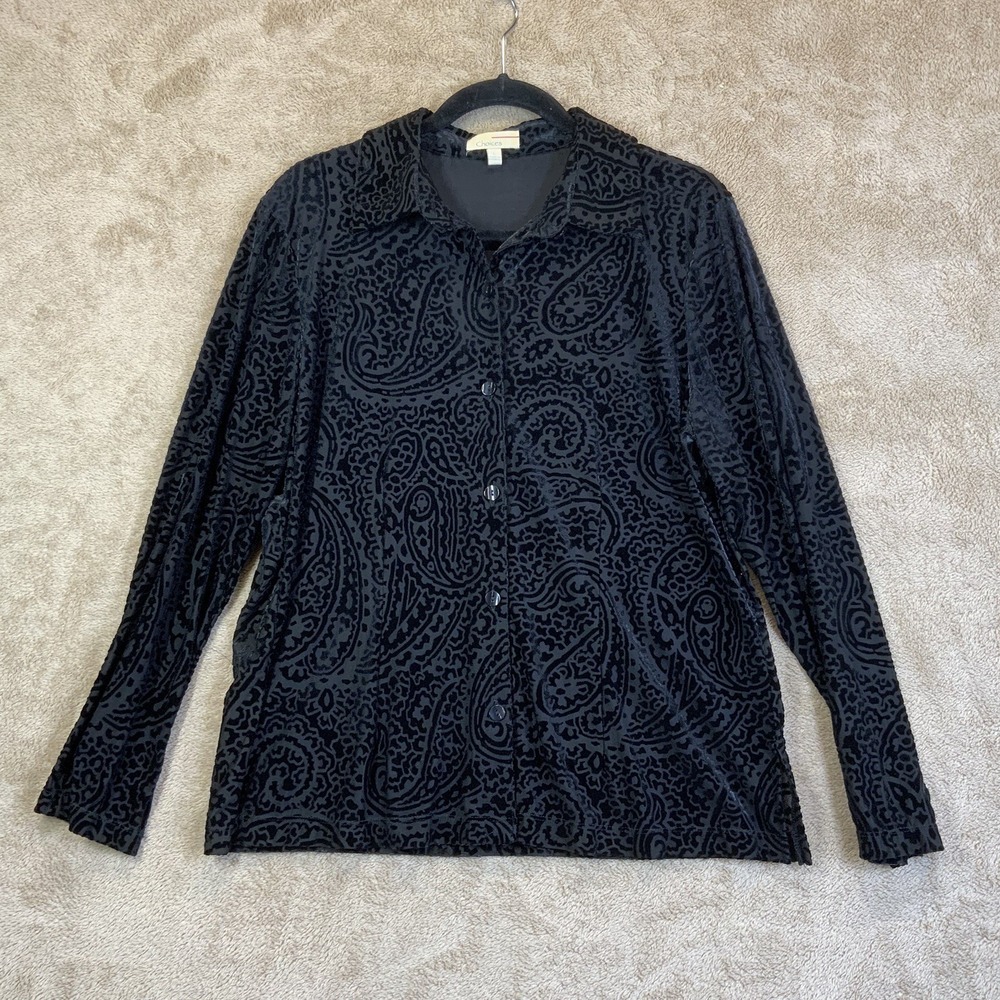 VTG Sheer Black Burnout Velvet Button Shirt Sz L Goth Punk Whimsigoth Grunge EUC